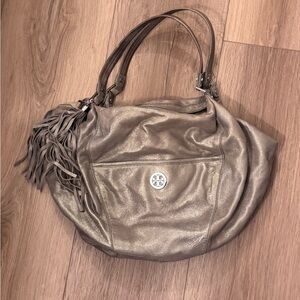 Tory Burch Metallic Silver Leather withTassel Charm